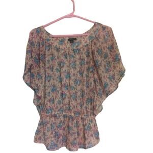 Fang Pink Sheer Floral Poncho Style Blouse Peplum Top Shirt Size Small